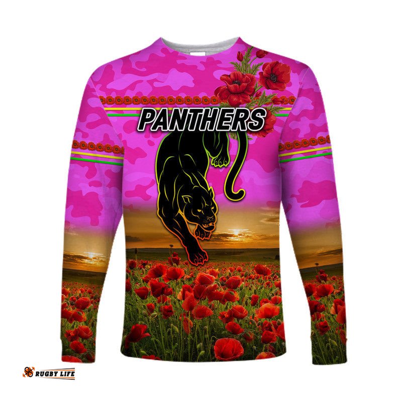Penrith Panthers ANZAC Long Sleeve T-shirt Poppy Flowers Pink