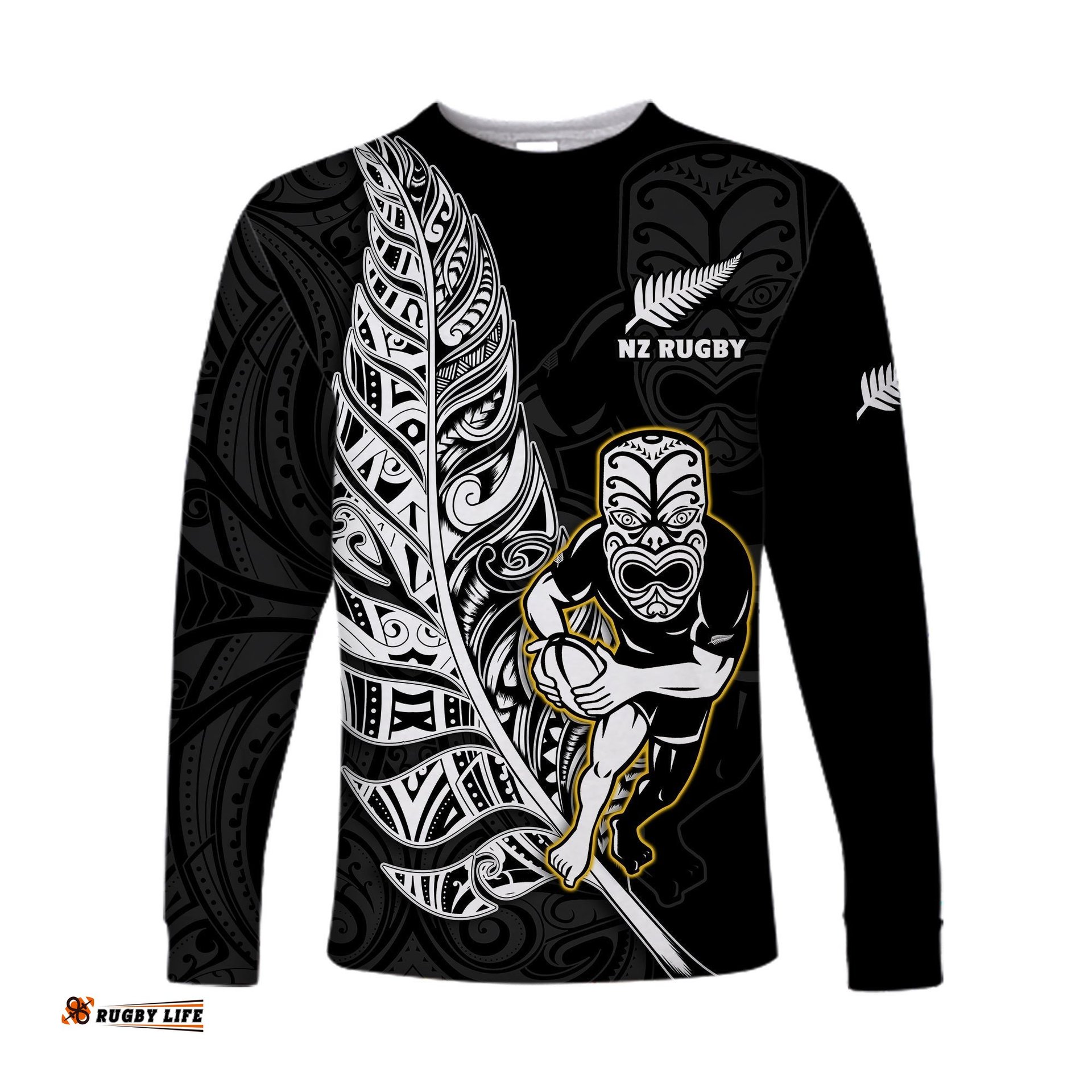 New Zealand Silver Fern Rugby Long Sleeve T-shirt All Black Maori Version Black