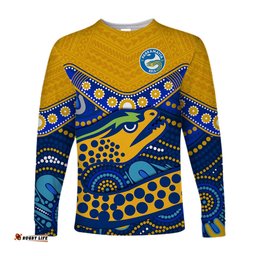 Custom Text and Number Eels Rugby Long Sleeve T-shirt Aboriginal and Polynesia Parramatta