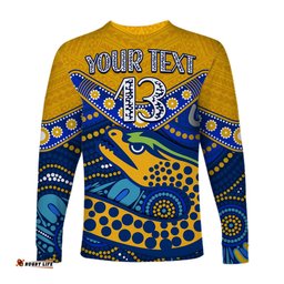 Custom Text and Number Eels Rugby Long Sleeve T-shirt Aboriginal and Polynesia Parramatta