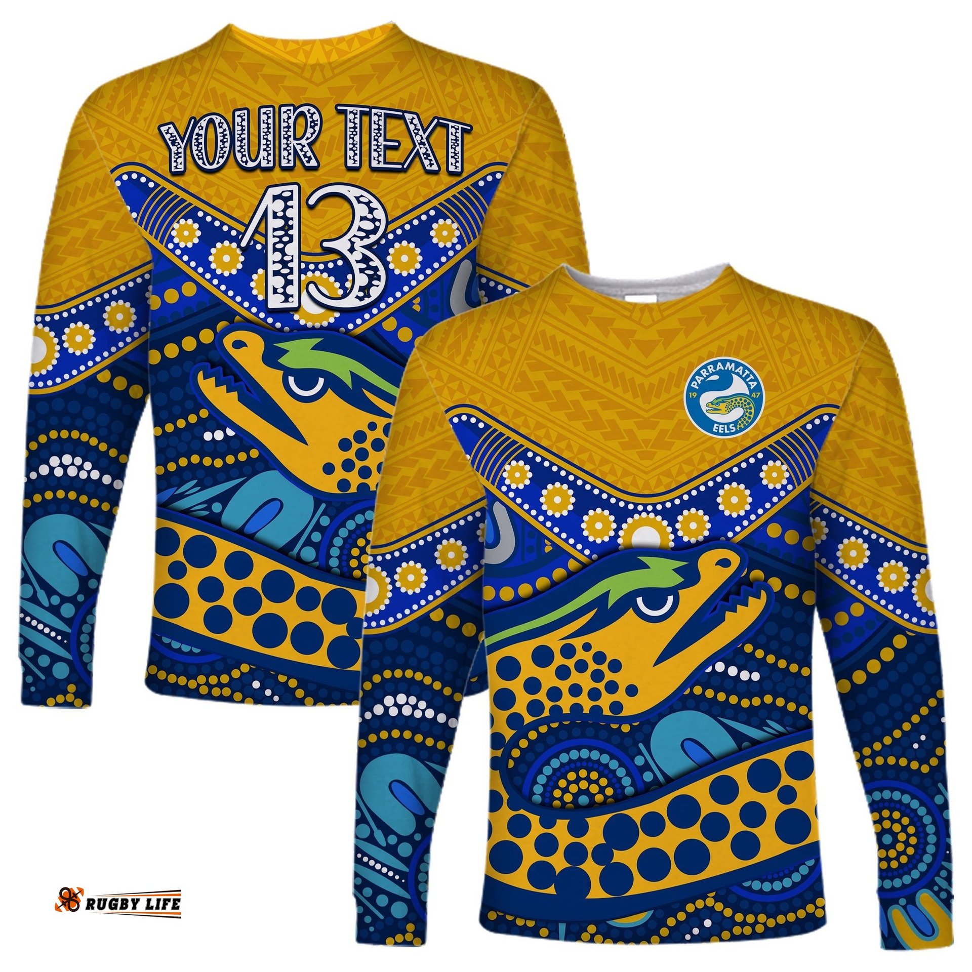 Custom Text and Number Eels Rugby Long Sleeve T-shirt Aboriginal and Polynesia Parramatta