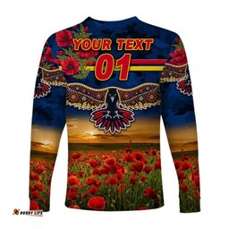 Custom Personalised Adelaide Crows ANZAC Long Sleeve T-shirt Poppy Navy Blue