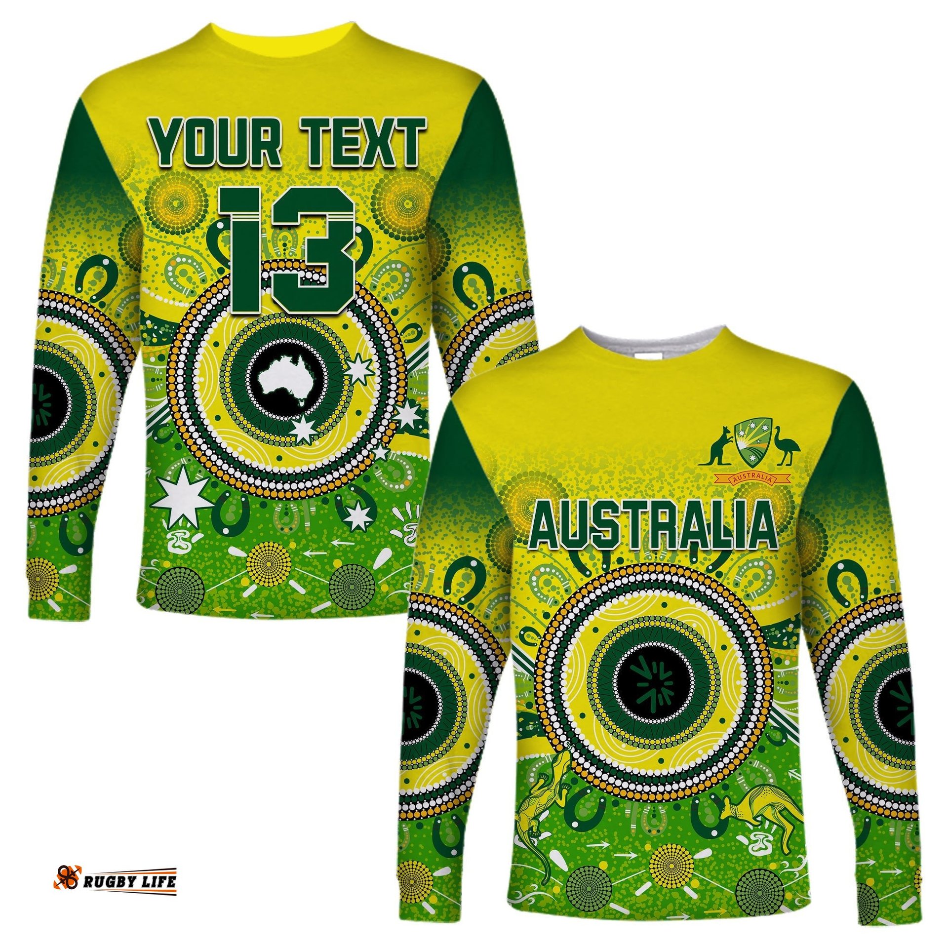 Custom Text and Number Australia Cricket Long Sleeve T-shirt Aboriginal National Color Champion