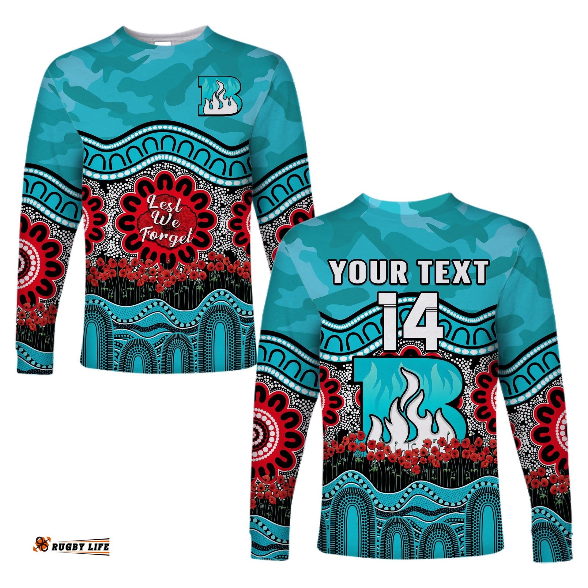 Custom Text And Number Brisbane Heat Cricket ANZAC Long Sleeve T-shirt Poppy Aboriginal Camouflage