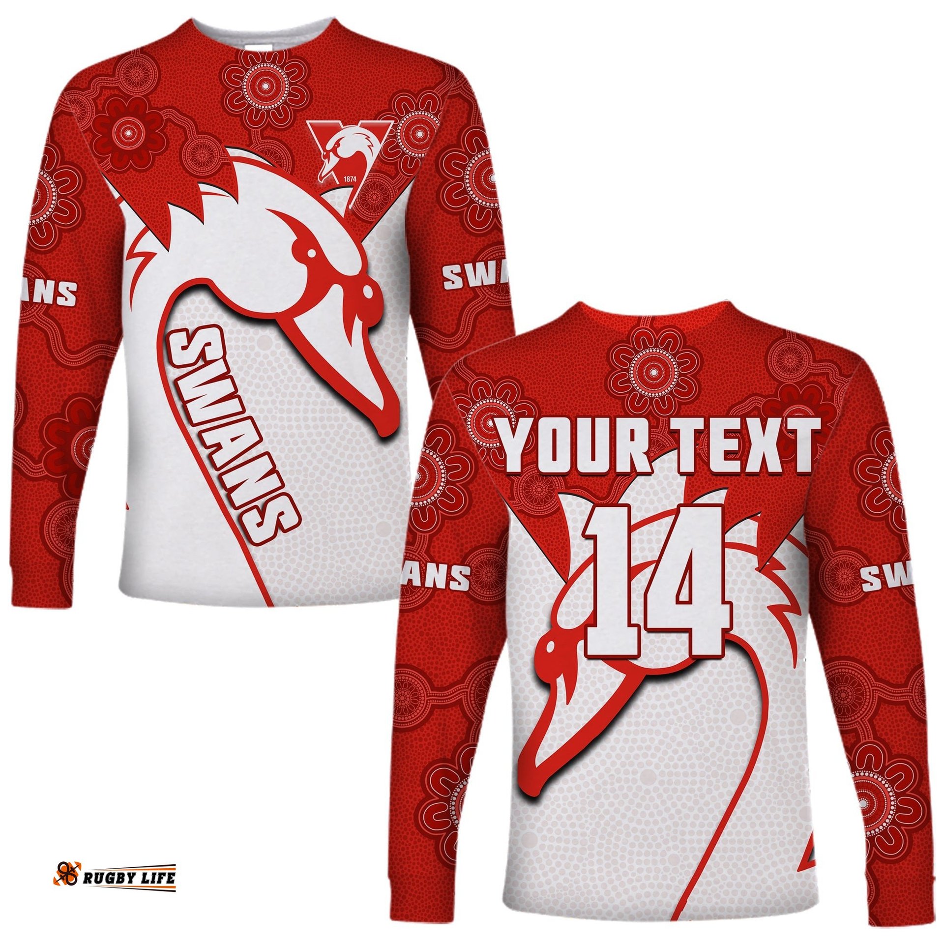 Custom Text And Number Sydney Football Long Sleeve T-shirt Swans 1874 Dot Painting Artsy
