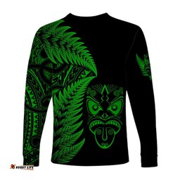 New Zealand Haka Rugby Maori Long Sleeve T-shirt Silver Fern Green