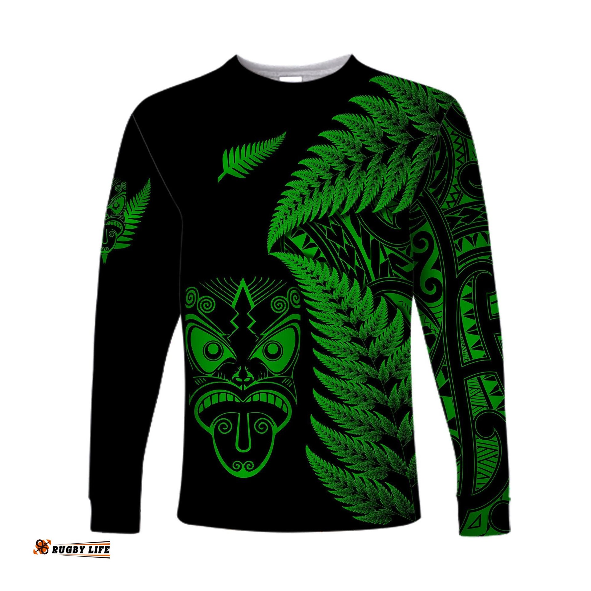 New Zealand Haka Rugby Maori Long Sleeve T-shirt Silver Fern Green