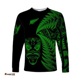 New Zealand Haka Rugby Maori Long Sleeve T-shirt Silver Fern Green