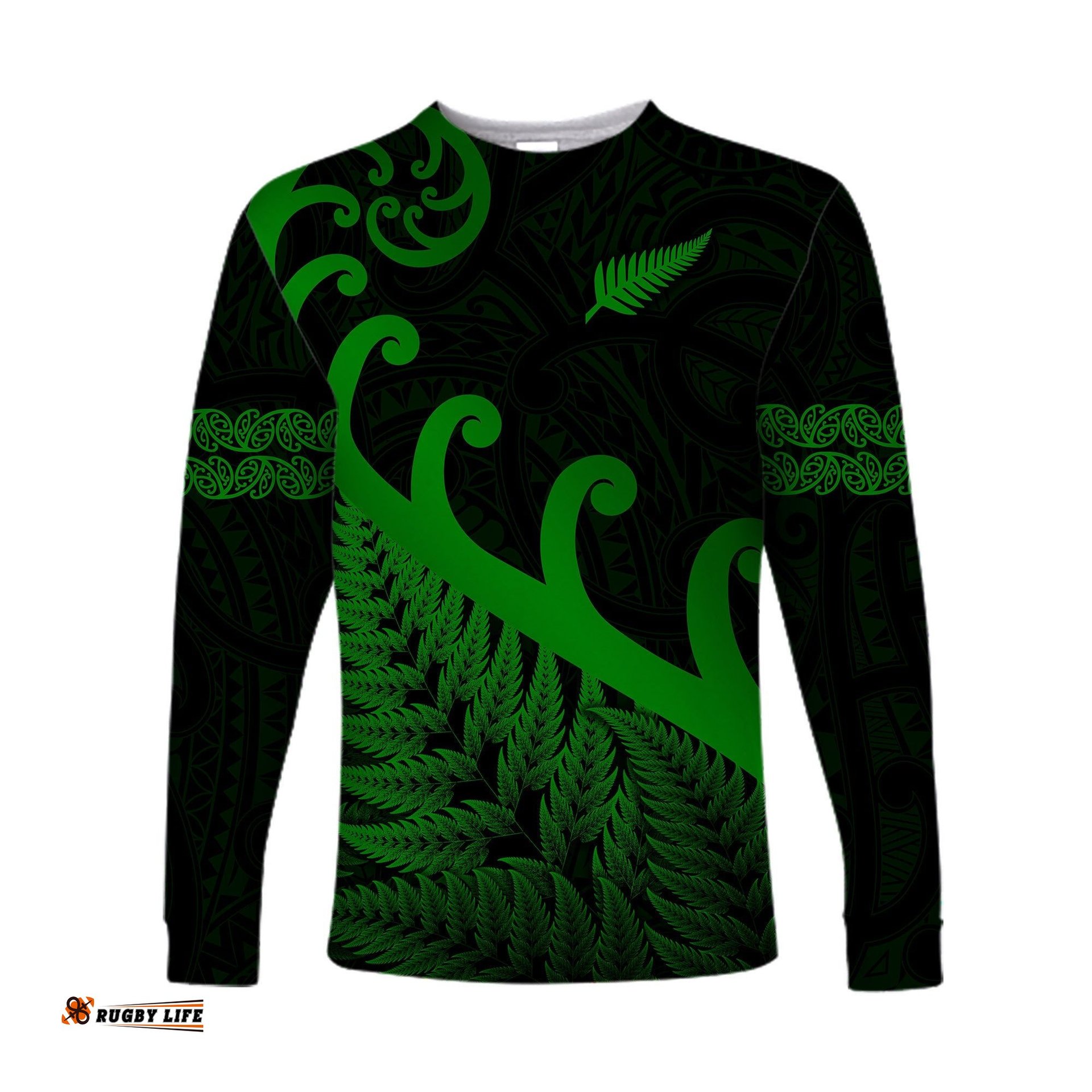 New Zealand Rugby Maori Long Sleeve T-shirt Silver Fern Koru Green