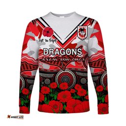 Custom Text And Number Dragons Rugby ANZAC Long Sleeve T-shirt Aboriginal Mix Poppy Lest We Forget
