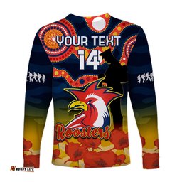 Custom Text And Number Roosters Rugby ANZAC Long Sleeve T-shirt Dots Poppy Mix Camouflage Lest We Forget