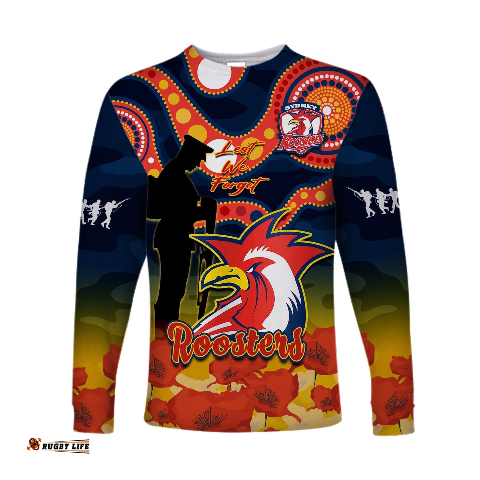 Custom Text And Number Roosters Rugby ANZAC Long Sleeve T-shirt Dots Poppy Mix Camouflage Lest We Forget