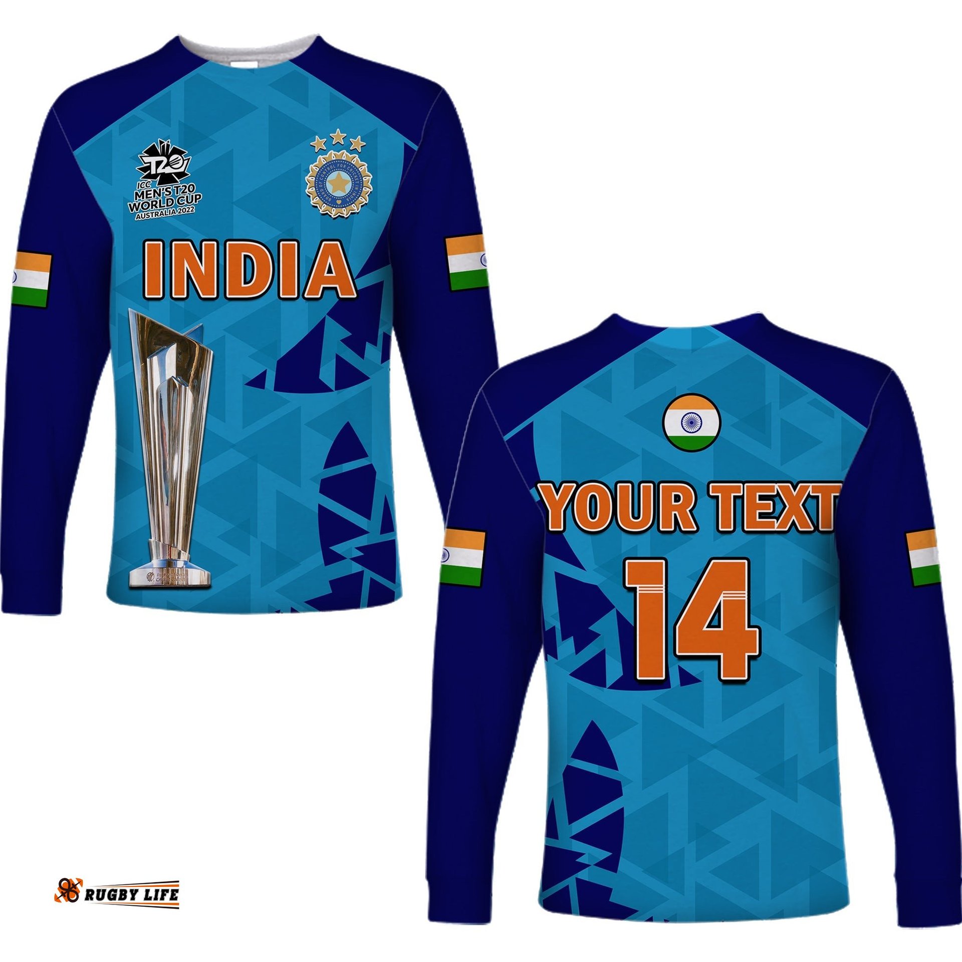 Custom Text And Number India Cricket Long Sleeve T-shirt Men In Blue Champions Mens T20 WC 2022