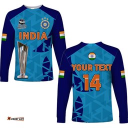 Custom Text And Number India Cricket Long Sleeve T-shirt Men In Blue Champions Mens T20 WC 2022