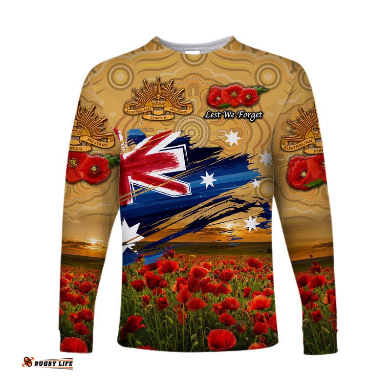 Custom Personalised Australia Aboriginal ANZAC Long Sleeve T-shirt Poppy Gold