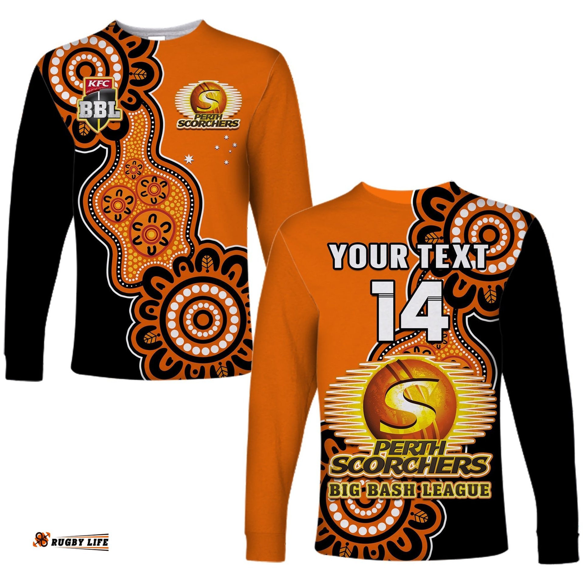 Custom Text And Number Perth Scorchers Cricket Long Sleeve T-shirt We Are The Champions Aboriginal