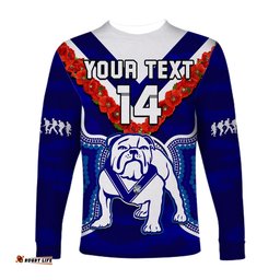 Custom Text And Number Bulldogs Rugby ANZAC Long Sleeve T-shirt Dots Poppy Mix Camouflage Lest We Forget