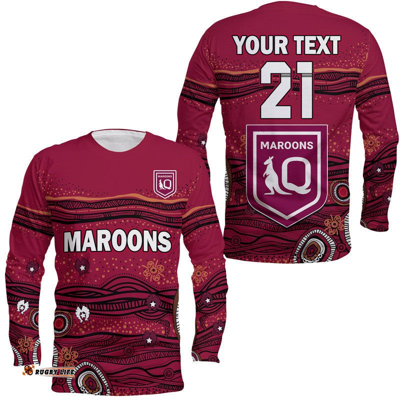 Custom Personalised QLD Maroons Rugby Long Sleeve T-shirt Indigenous