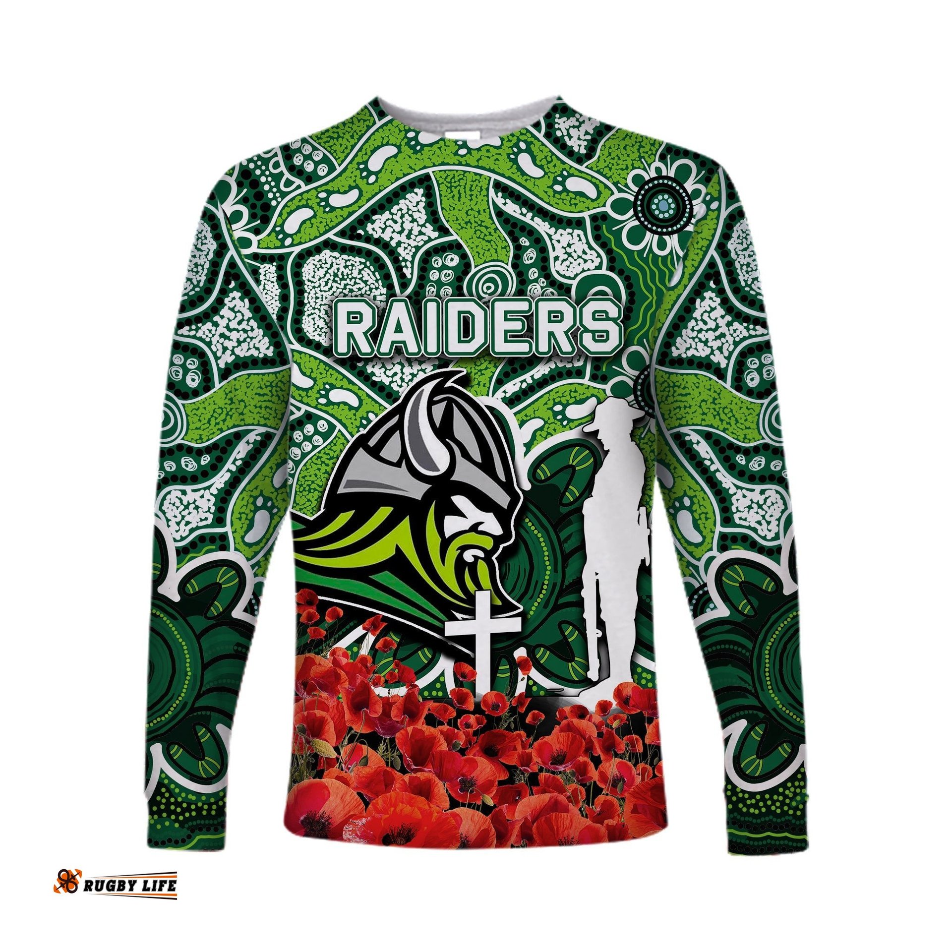 Raiders Long Sleeve T-shirts Anzac Day Poppy Flowers With Aboriginal