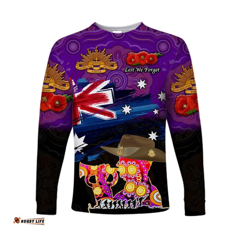 Custom Personalised Australia Aboriginal ANZAC Long Sleeve T-shirt Remembrance Purple