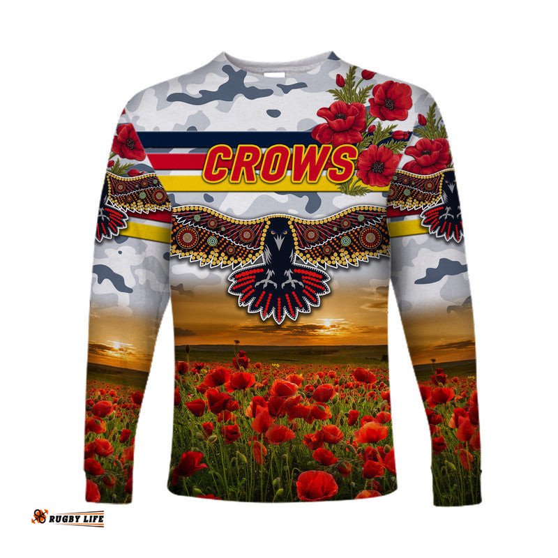 Custom Personalised Adelaide Crows ANZAC Long Sleeve T-shirt Poppy White