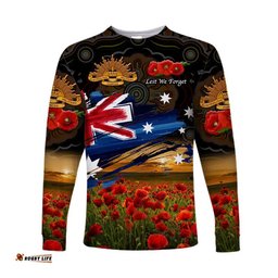Custom Personalised Australia Aboriginal ANZAC Long Sleeve T-shirt Poppy Black
