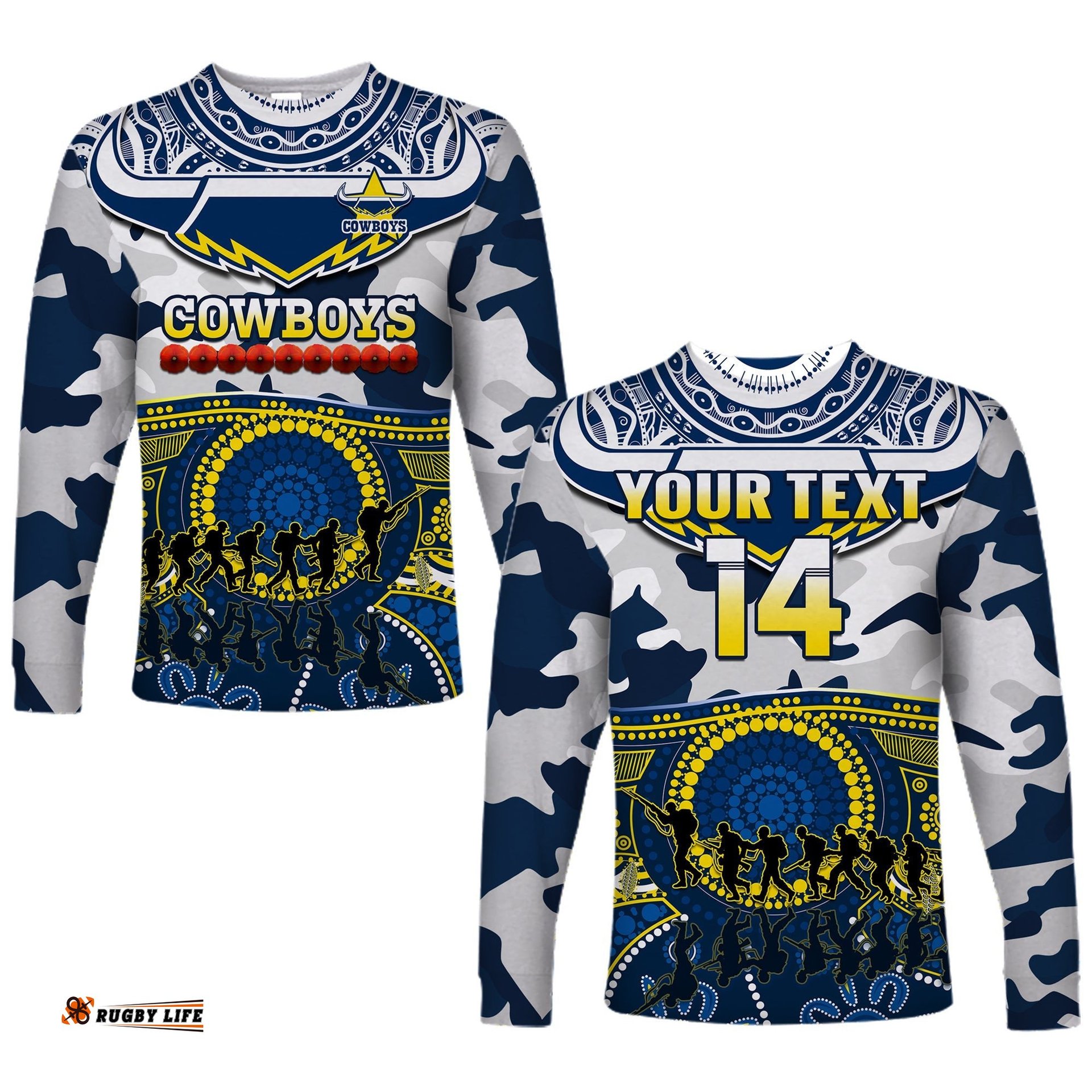 Cowboys Rugby ANZAC Long Sleeve T-shirt Indigenous Poppy Mix Camouflage