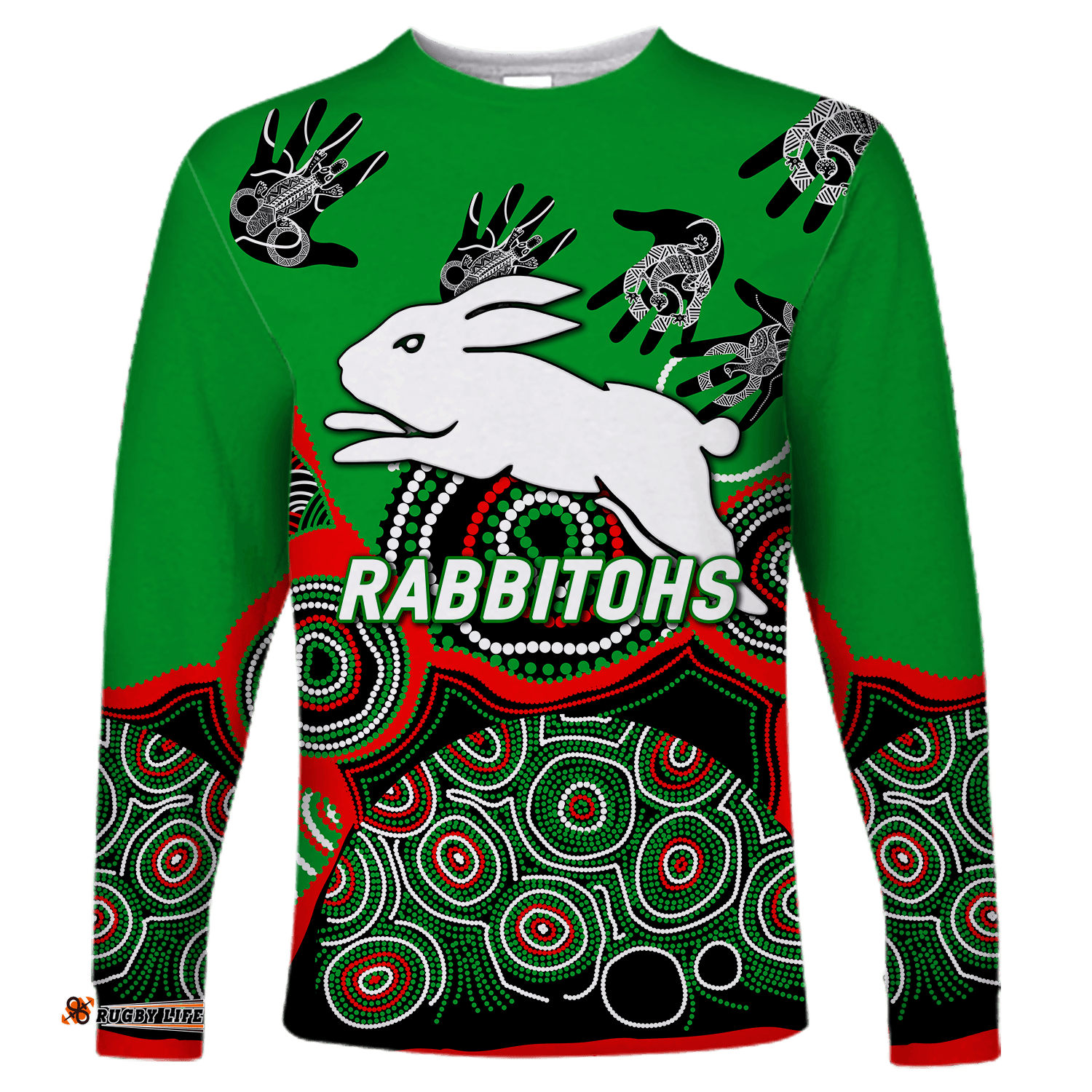 Rabbitohs Rugby Aboriginal Art Long Sleeve T-shirt
