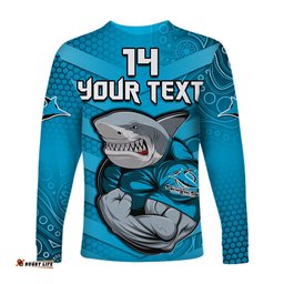 Custom Text And Number Sharks Rugby Long Sleeve T-shirt Go Sharkies Aboriginal Sporty Version