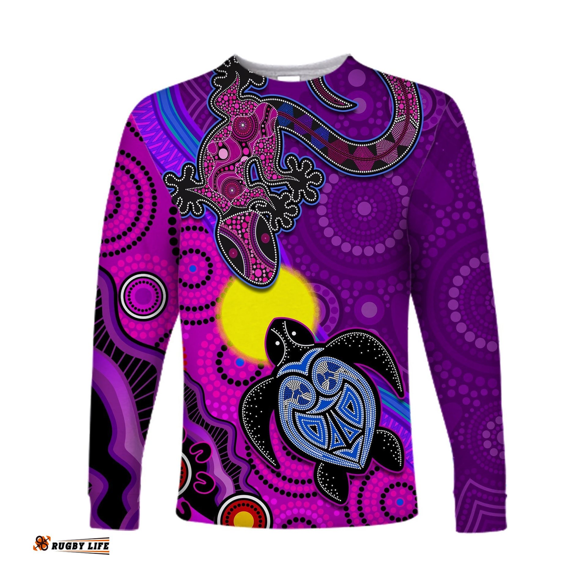 Custom Personalised Australia Lizard and Turtle Long Sleeve T-shirt Aboriginal Art Beautiful Life
