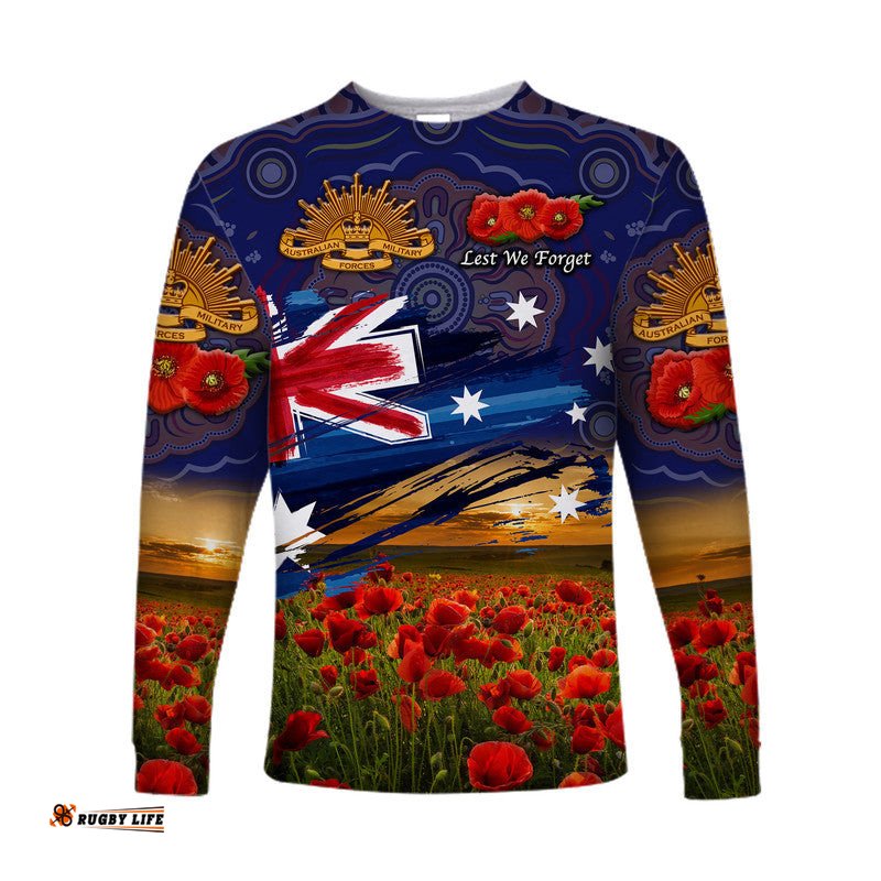 Custom Personalised Australia Aboriginal ANZAC Long Sleeve T-shirt Poppy Navy