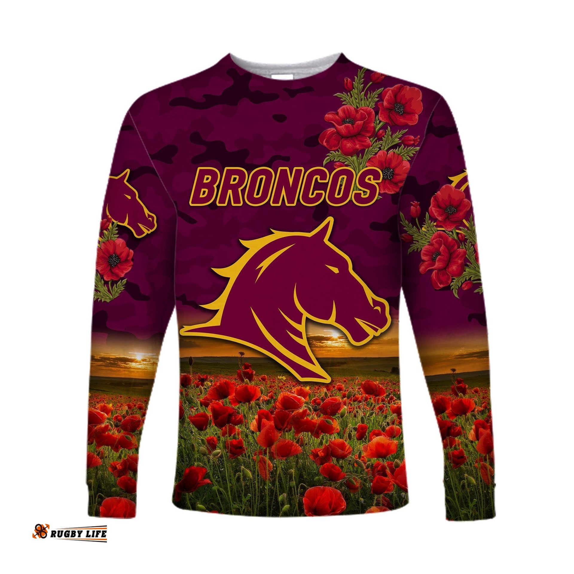 Brisbane Broncos ANZAC Long Sleeve T-shirt Poppy Flowers