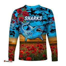 Cronulla Sutherland Sharks ANZAC Long Sleeve T-shirt Poppy Flowers