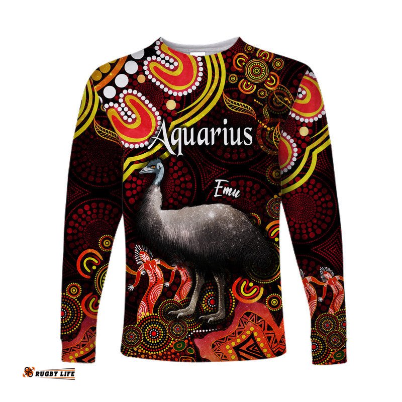 Custom Personalised Australian Astrology Long Sleeve T-shirt Aquarius Emu Glider Zodiac Aboriginal Red