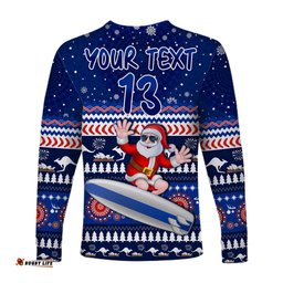 Custom Text and Number Australia Christmas Long Sleeve T-shirt Aussie Aboriginal Santa Claus is Surfing with Kangaroo