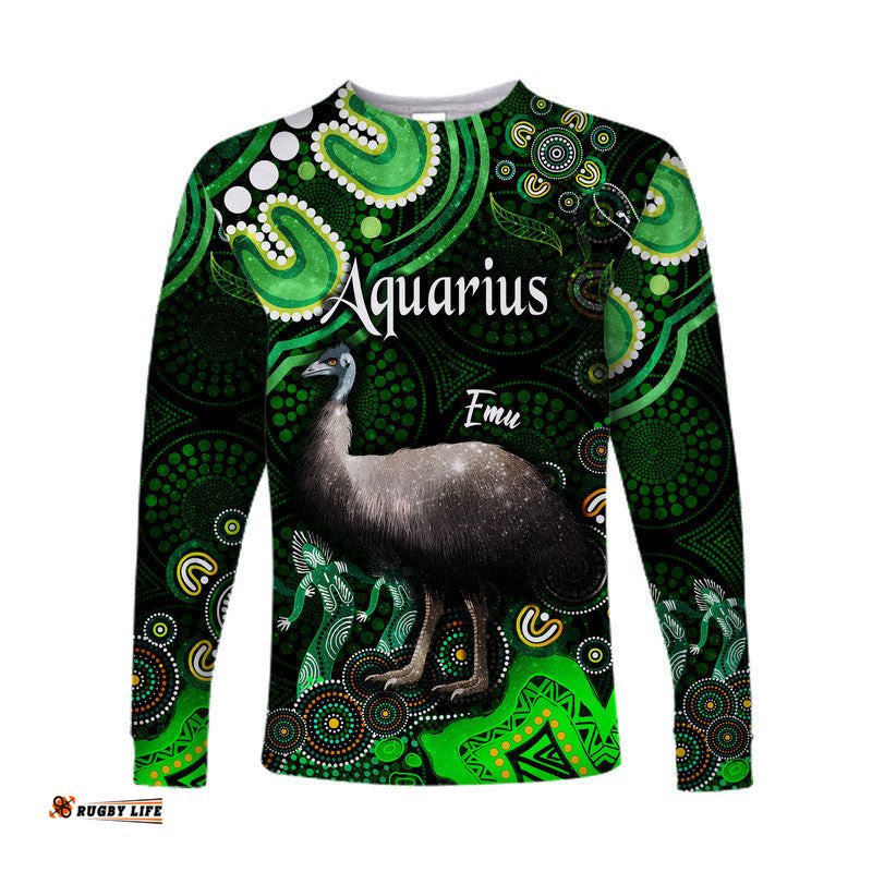 Custom Personalised Australian Astrology Long Sleeve T-shirt Aquarius Emu Glider Zodiac Aboriginal Green