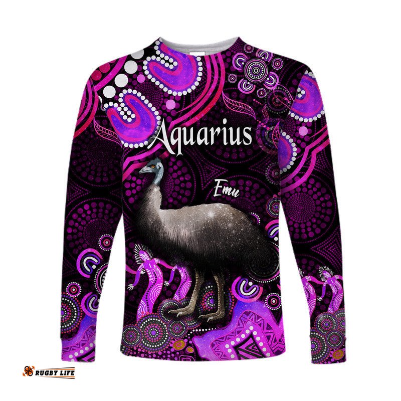 Custom Personalised Australian Astrology Long Sleeve T-shirt Aquarius Emu Glider Zodiac Aboriginal Pink