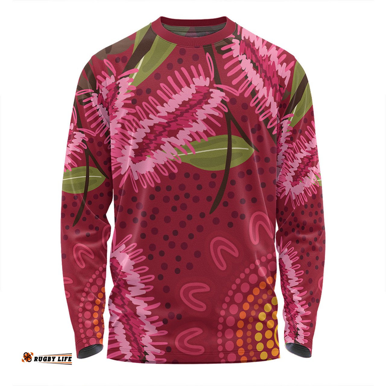 Australia Flowers Aboriginal Long Sleeve T-shirt - Pink Bottle Brush Flora In Indigenous Painting Long Sleeve T-shirt