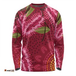 Australia Flowers Aboriginal Long Sleeve T-shirt - Pink Bottle Brush Flora In Indigenous Painting Long Sleeve T-shirt