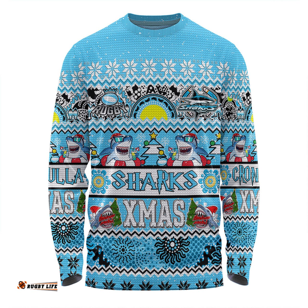 Cronulla-Sutherland Sharks Christmas Aboriginal Custom Long Sleeve T-shirt - Indigenous Knitted Ugly Xmas Style Long Sleeve T-shirt