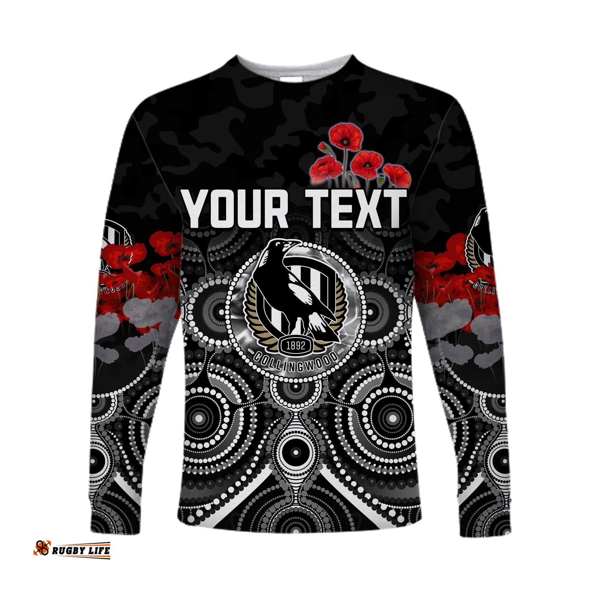Custom Personalised Magpies Anzac Long Sleeve T-shirt Collingwood Football Aboriginal Poppy Flowers
