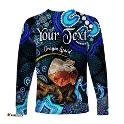 Custom Personalised Australian Astrology Long Sleeve T-shirt Leo Dragon Lizard Zodiac Aboriginal Blue