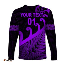 Custom Personalised New Zealand Rugby Maori Long Sleeve T-shirt Silver Fern Koru Purple