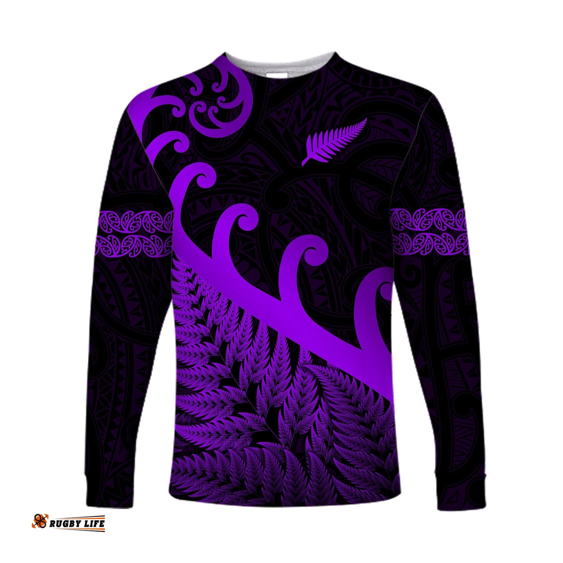 Custom Personalised New Zealand Rugby Maori Long Sleeve T-shirt Silver Fern Koru Purple