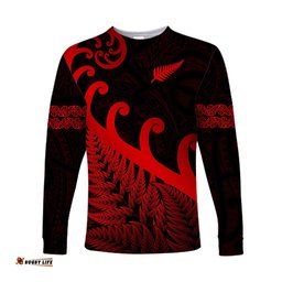 Custom Personalised New Zealand Rugby Maori Long Sleeve T-shirt Silver Fern Koru Red