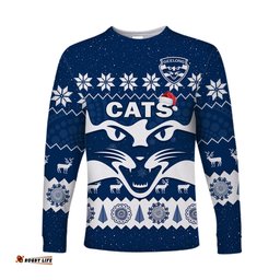 Custom Personalised Cats Football Christmas Long Sleeve T-shirt Geelong Aboriginal Painting
