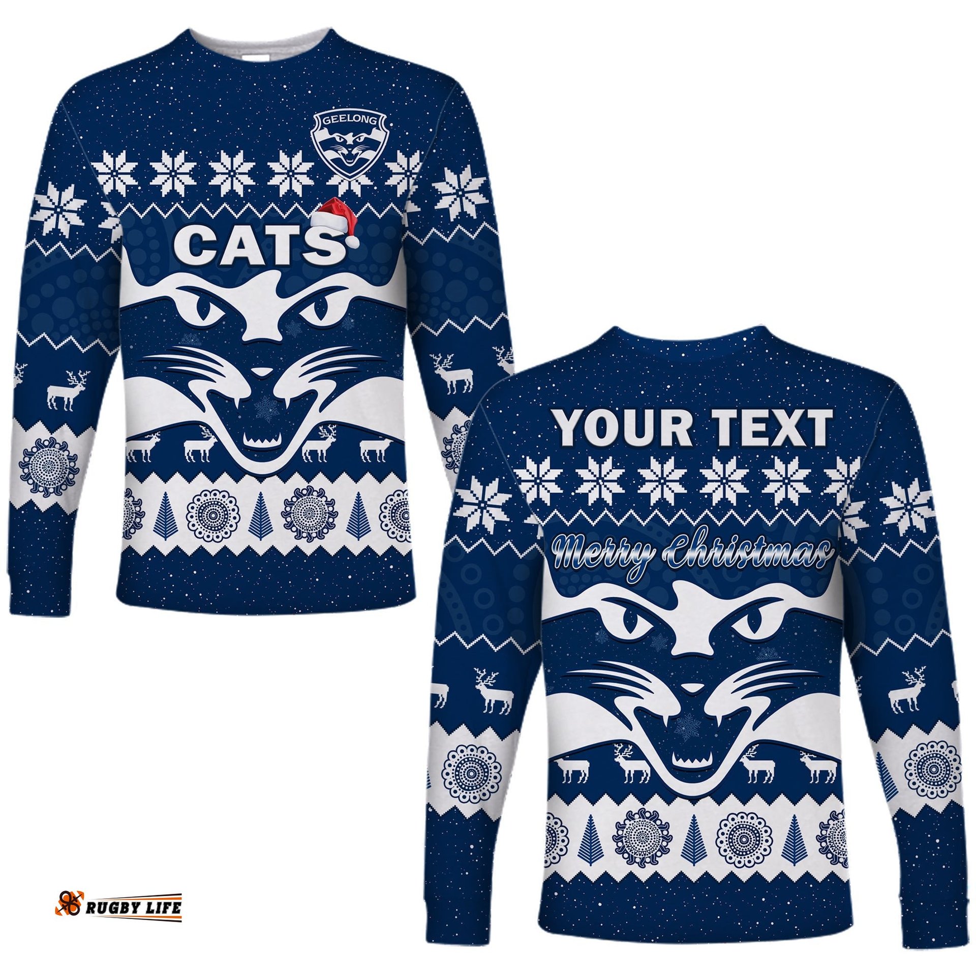 Custom Personalised Cats Football Christmas Long Sleeve T-shirt Geelong Aboriginal Painting