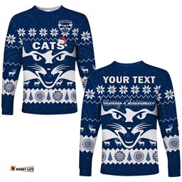 Custom Personalised Cats Football Christmas Long Sleeve T-shirt Geelong Aboriginal Painting