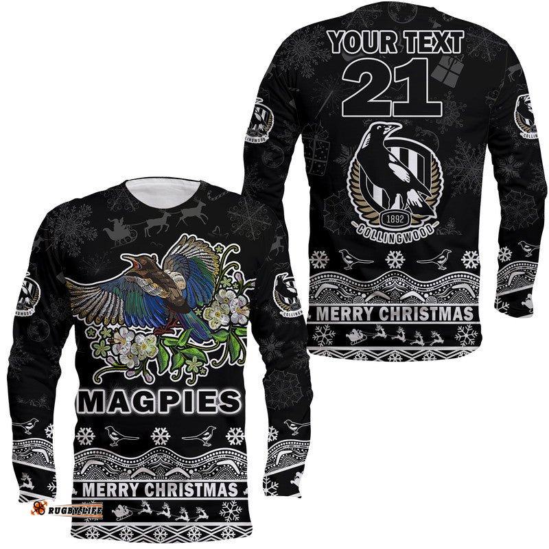 Custom Personalised And Number Collingwood Pies Unique Winter Season Long Sleeve T-shirt Magpies Merry Christmas