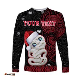 Custom Personalised New Zealand Christmas Long Sleeve T-shirt Hei Tiki Red Pohutukawa Meri Kirihimete
